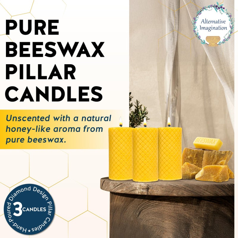 Alternative Imagination Diamond Beeswax Pillar Candles â€“ 3 Pack of 2x4 Inch Unscented Candles - Hand-Poured - 100% Pure Beeswax - Natural Honey Aroma - Dripless Long-Burn -Altar & Decor Use - Image 2